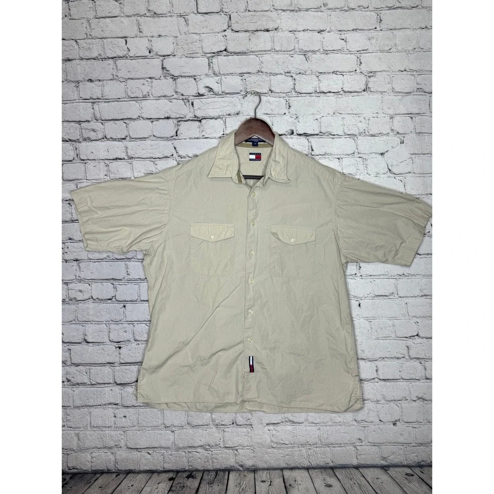 Tommy Hilfiger Mens Beige Short Sleeve Button Up Shirt Size‎ 16 Classic Fit
